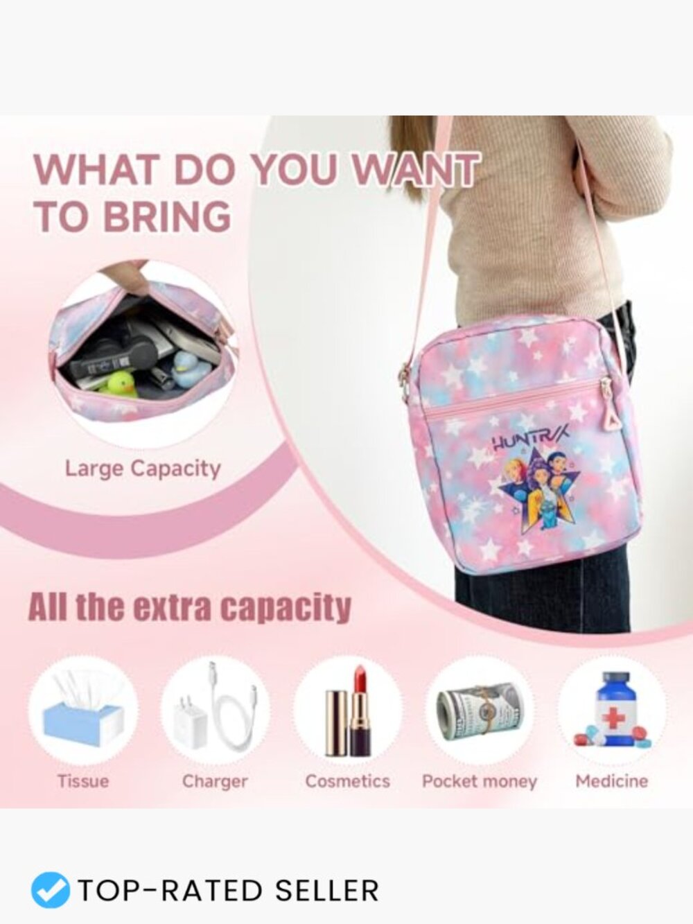 K-pop Crossbody Bag with Zipper Cute Cartoon Shoulder Bag Adjustable Strap - Picture 4 of 7